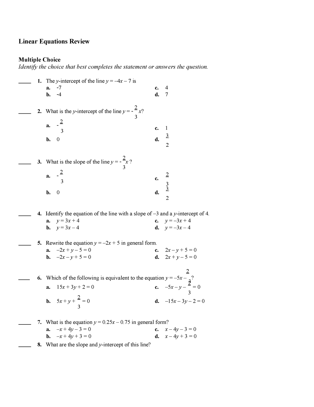 Math 8 2nd quarter - JNVBNNBNMBNBM - Linear Equations Review Multiple ...