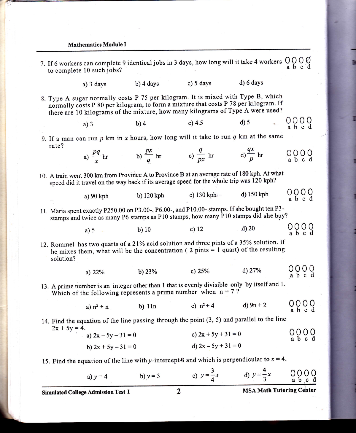 MCQ Upcat Exam 016 - Mathematics Module I 7. lf 1workers can complete 9 ...