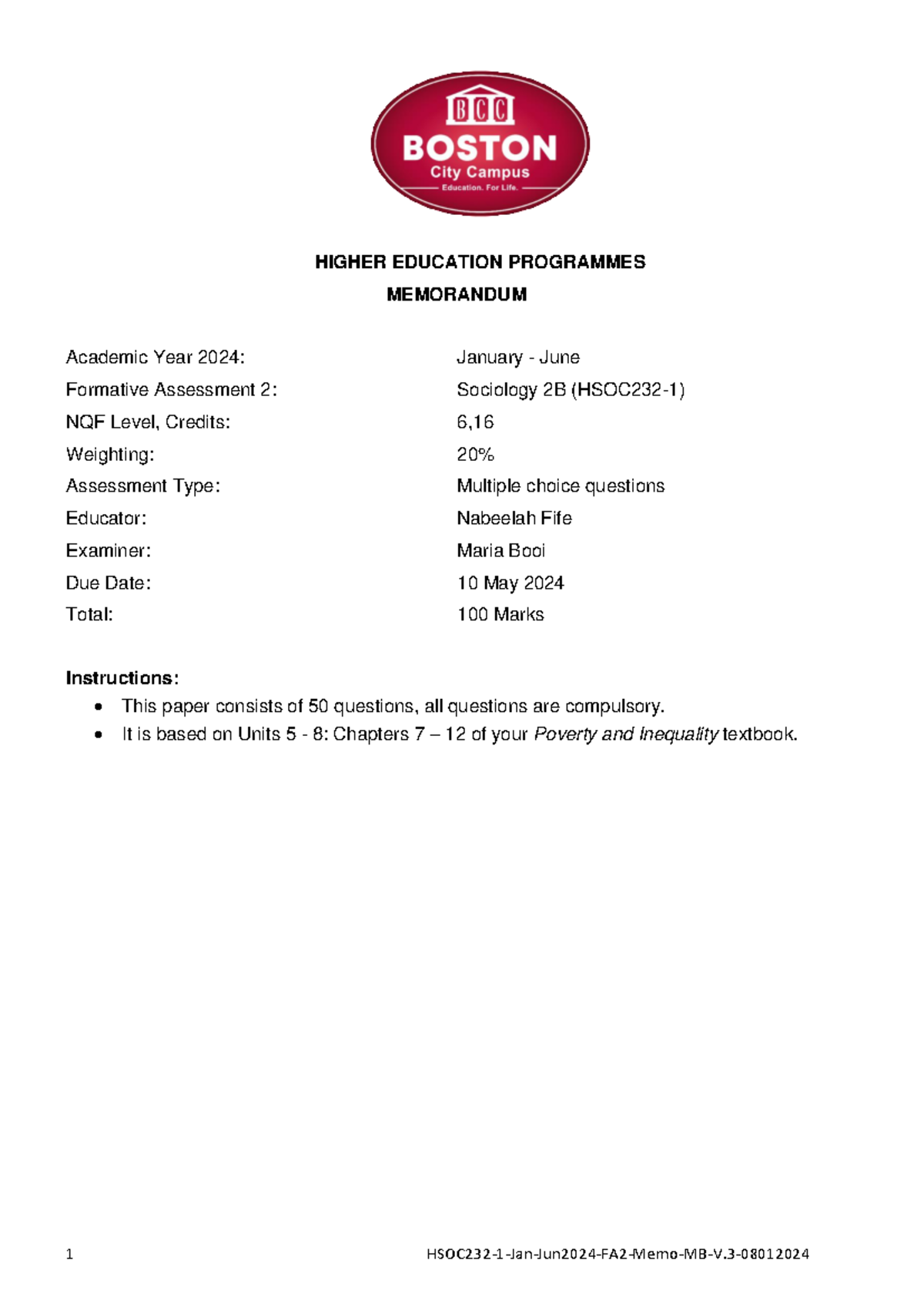 HSOC232 1 Jan Jun2024 FA2 Memo MB V - HIGHER EDUCATION PROGRAMMES ...