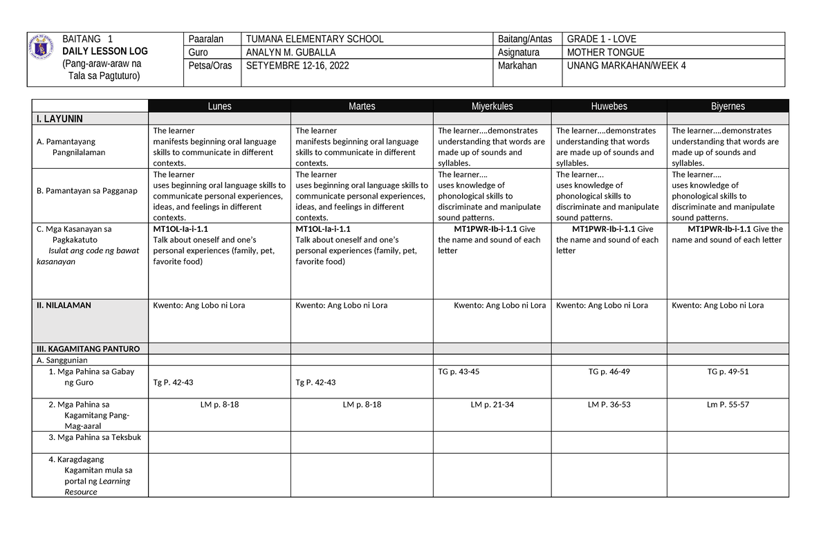 MTB 1 DLL Melcs-QTR 1-WEEK 4 - BAITANG 1 DAILY LESSON LOG (Pang-araw ...