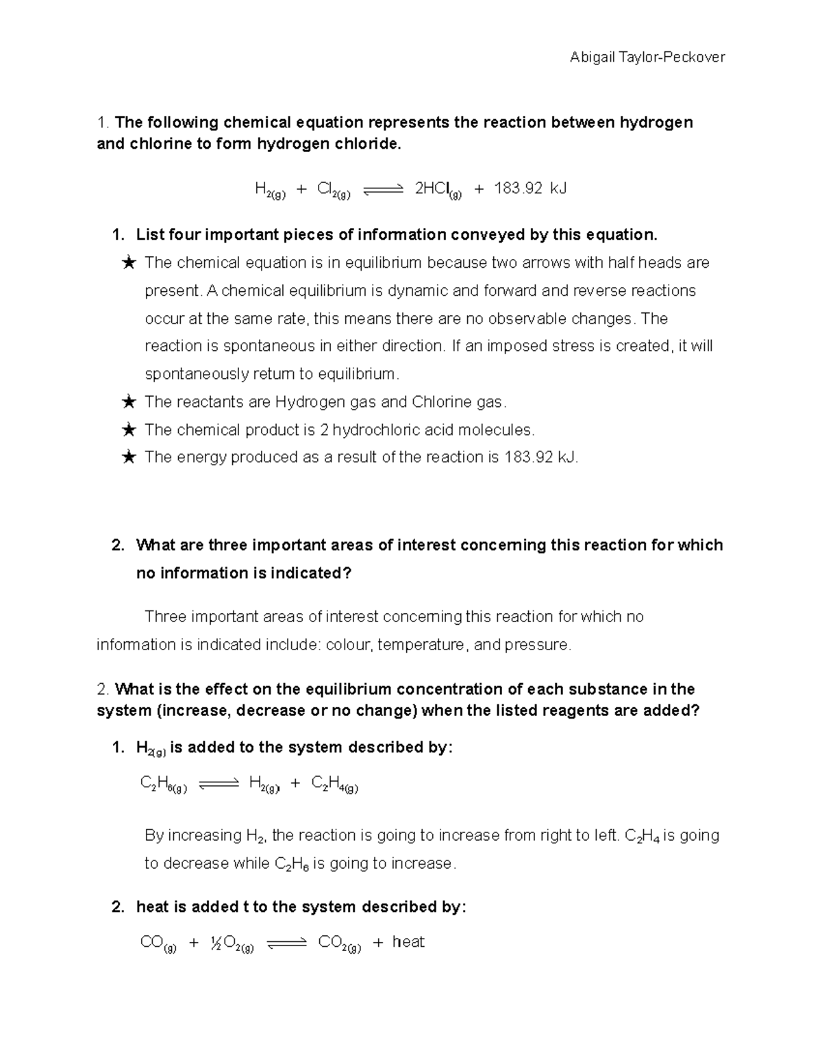 SCH4U Lesson 15 - Basic Assignment - The following chemical equation ...