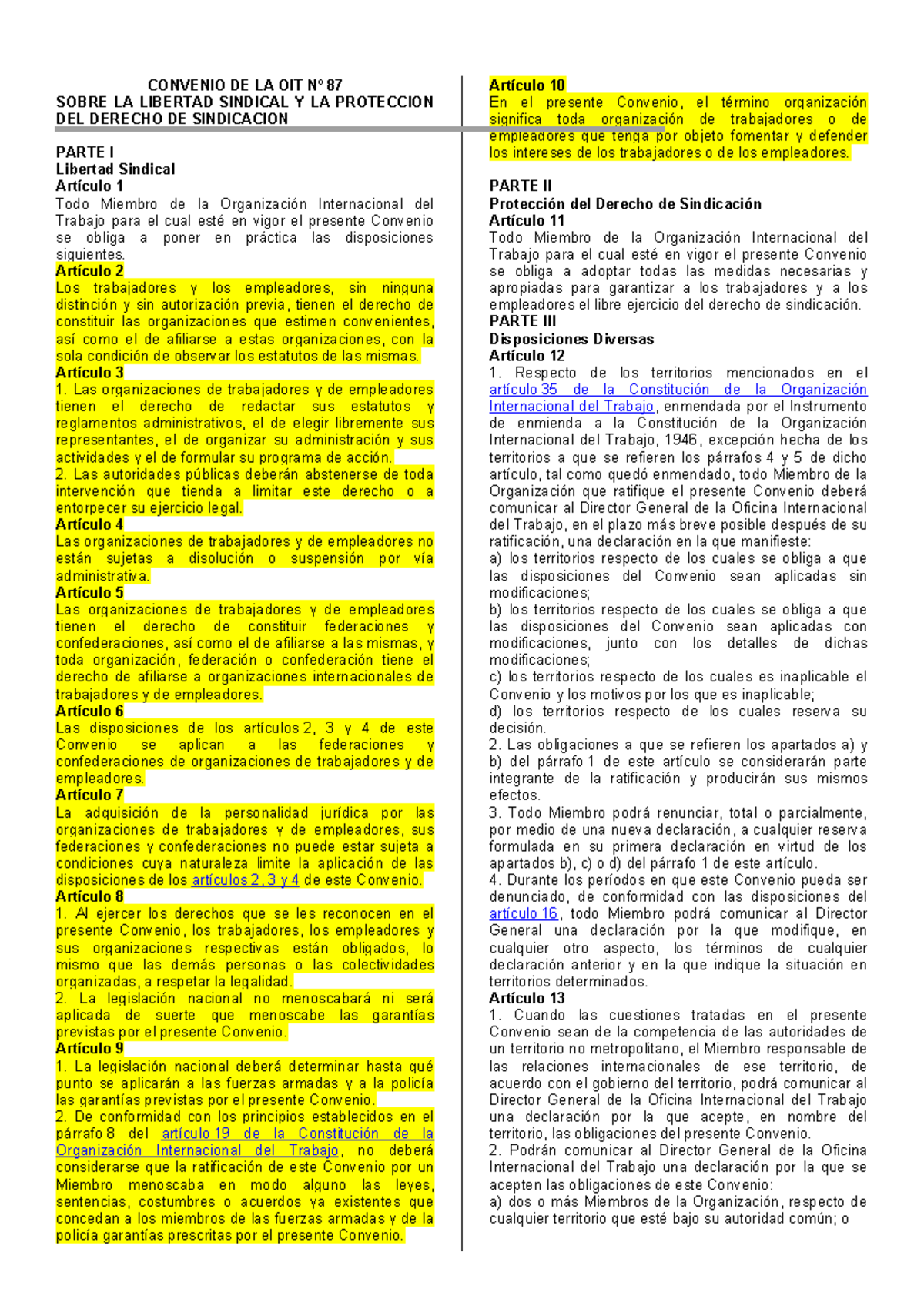 Convenio DE LA OIT Nº 87 - Resumen Derecho Laboral - CONVENIO DE LA OIT ...