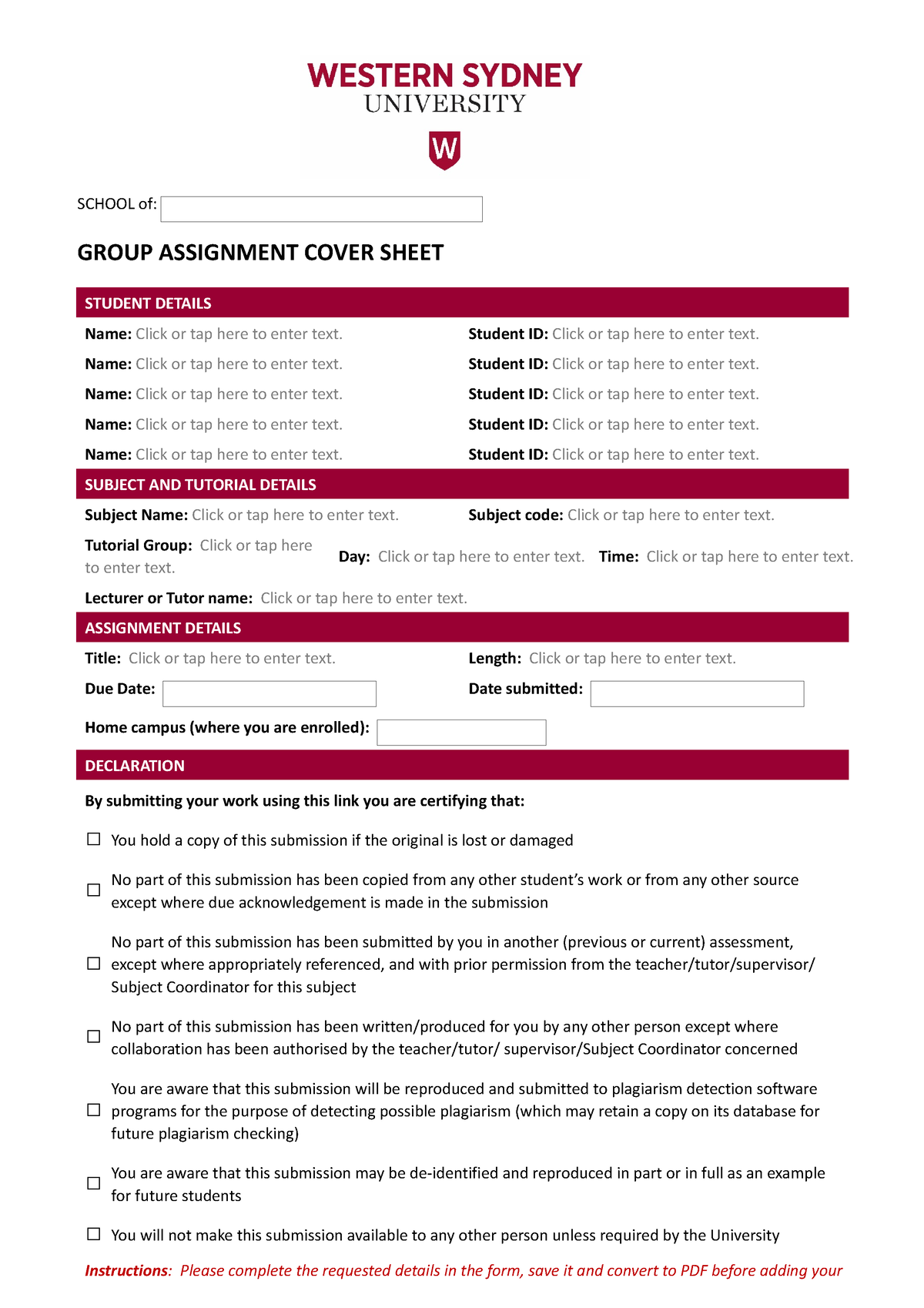 uws assignment cover sheet