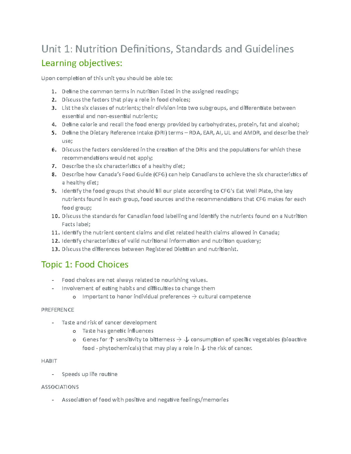 2170 L1 - notes - Unit 1: Nutrition Definitions, Standards and ...