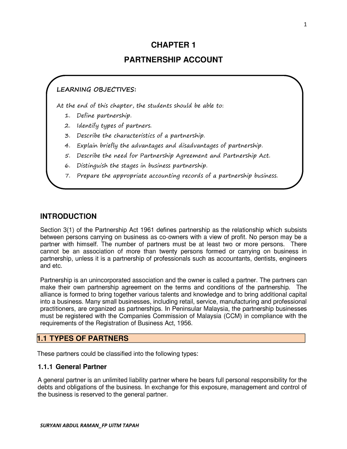 Study Guide - CHAPTER 1 PARTNERSHIP ACCOUNT INTRODUCTION Section 3(1 ...