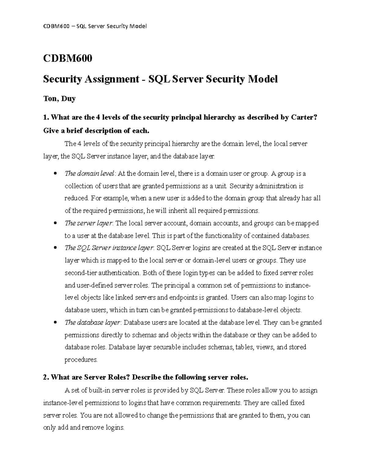 CDBM 600 - Security Assignment - SQL Server Security Model - CDBM ...