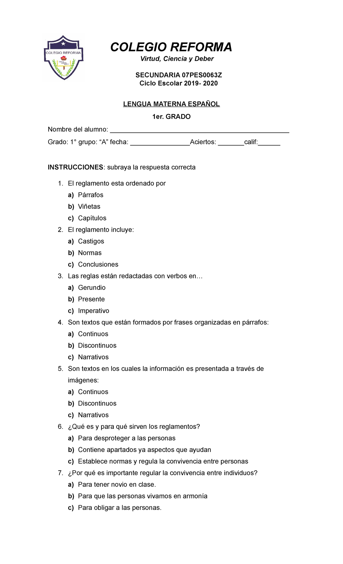 Examen 2019, Preguntas - COLEGIO REFORMA Virtud, Ciencia Y Deber ...