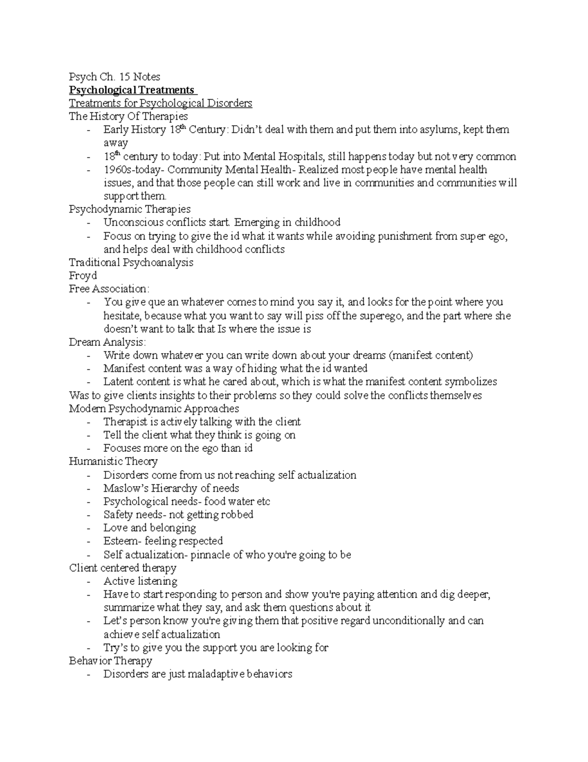 Psych Ch 15 Notes - Psych Ch. 15 Notes Psychological Treatments ...