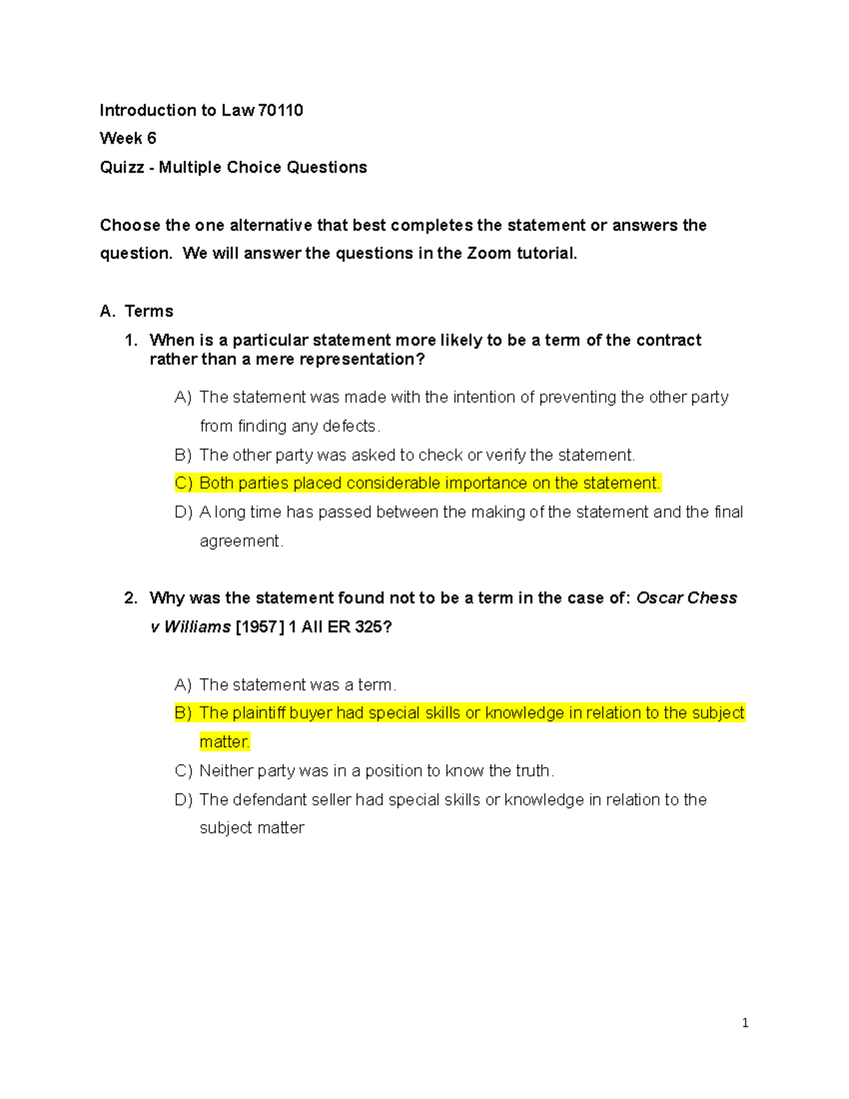 Quiz 8 September 2020, questions and answers - Introduction to Law ...