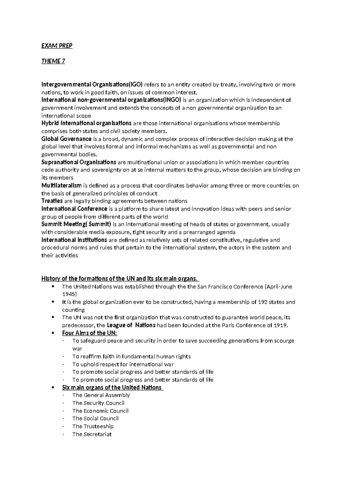 Politics Exam Notes - EXAM PREP THEME 7 Intergovernmental Organisations ...