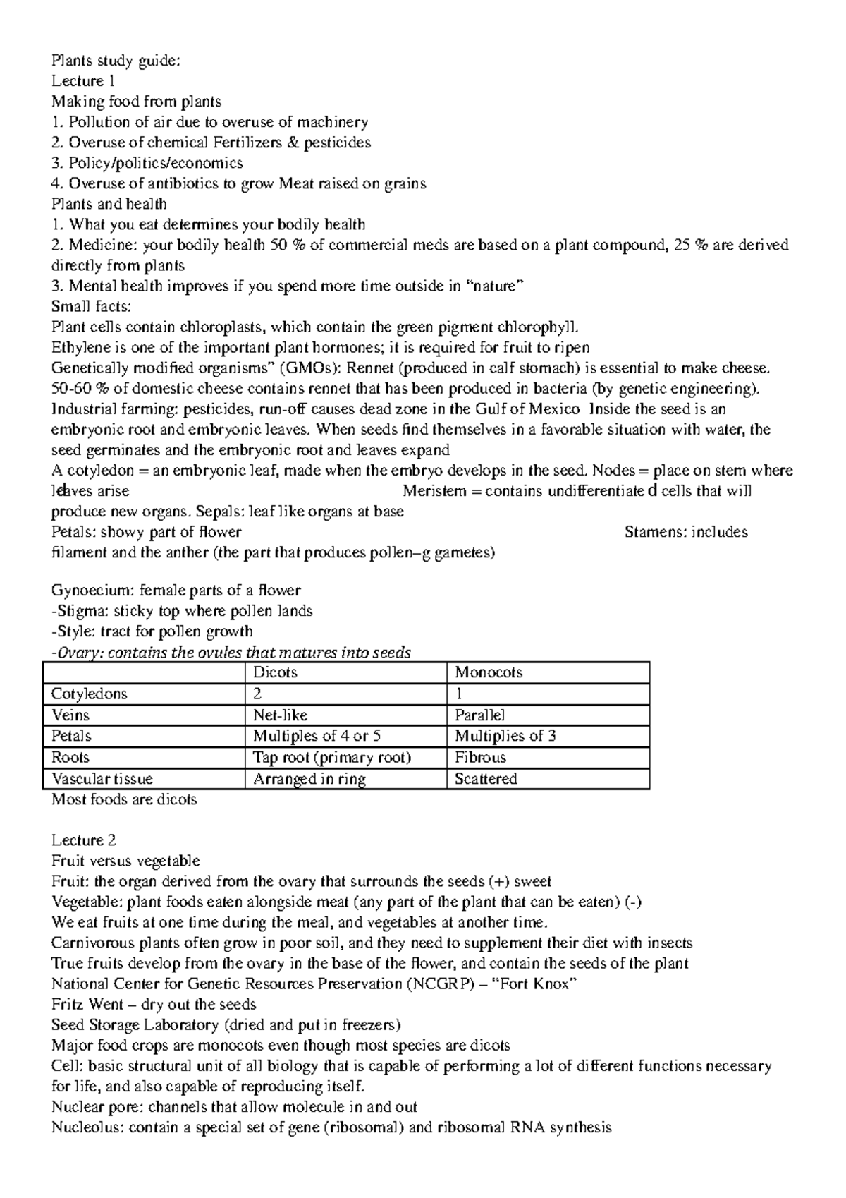 Plants study guide - Lecture notes 6 - Plants study guide: Lecture 1 ...