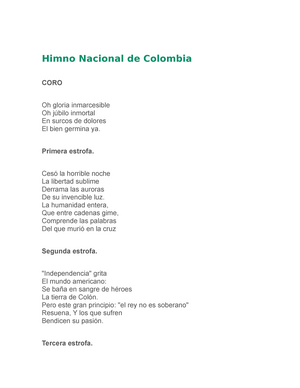 Himno Nacional de Colombia - Himno Nacional de Colombia CORO Oh gloria  inmarcesible - Studocu