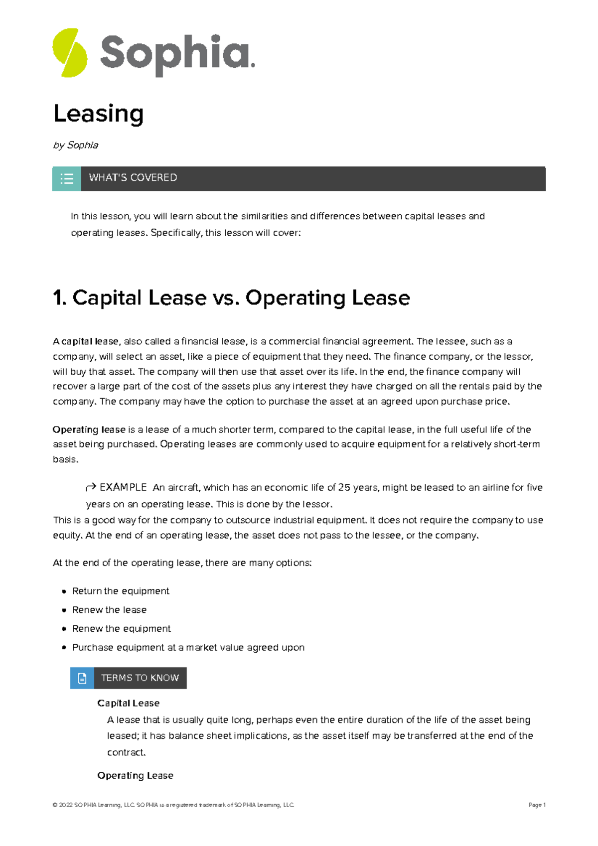 Leasing Leasing by Sophia In this lesson, you will learn about the