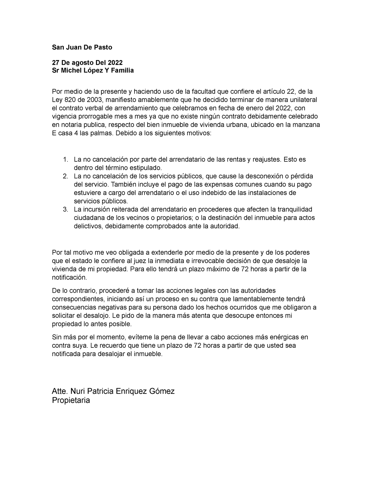 Acta de desalojo - ssssssssssssssssssssssssss - San Juan De Pasto 27 De  agosto Del 2022 Sr Michel - Studocu