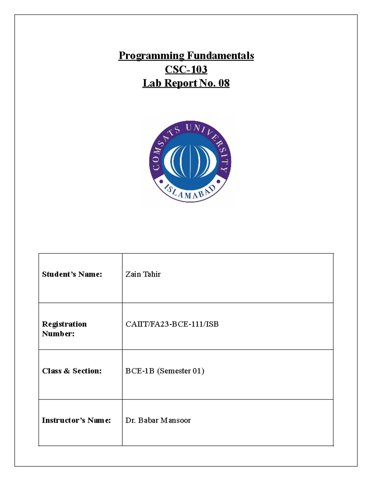 Lab Report No. 08 - Programming Fundamentals CSC- Lab Report No. 08 ...