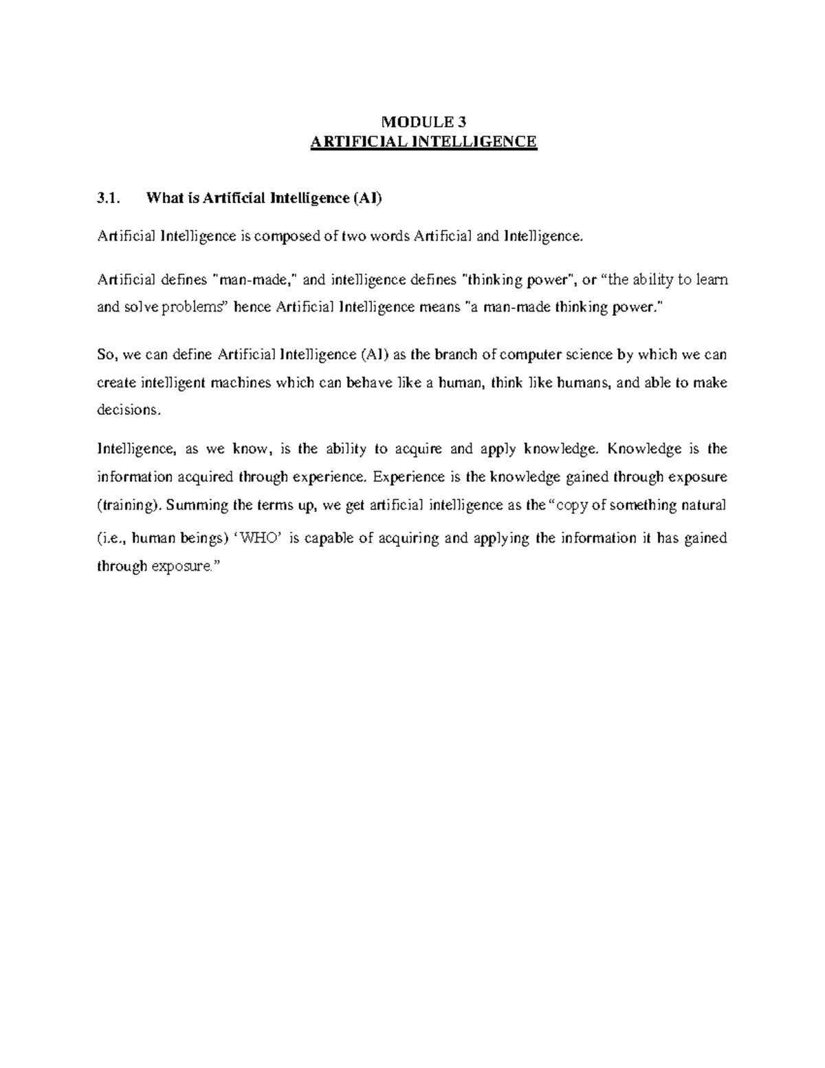 EET VTU - VTU NOTES - MODULE 3 ARTIFICIAL INTELLIGENCE What is ...