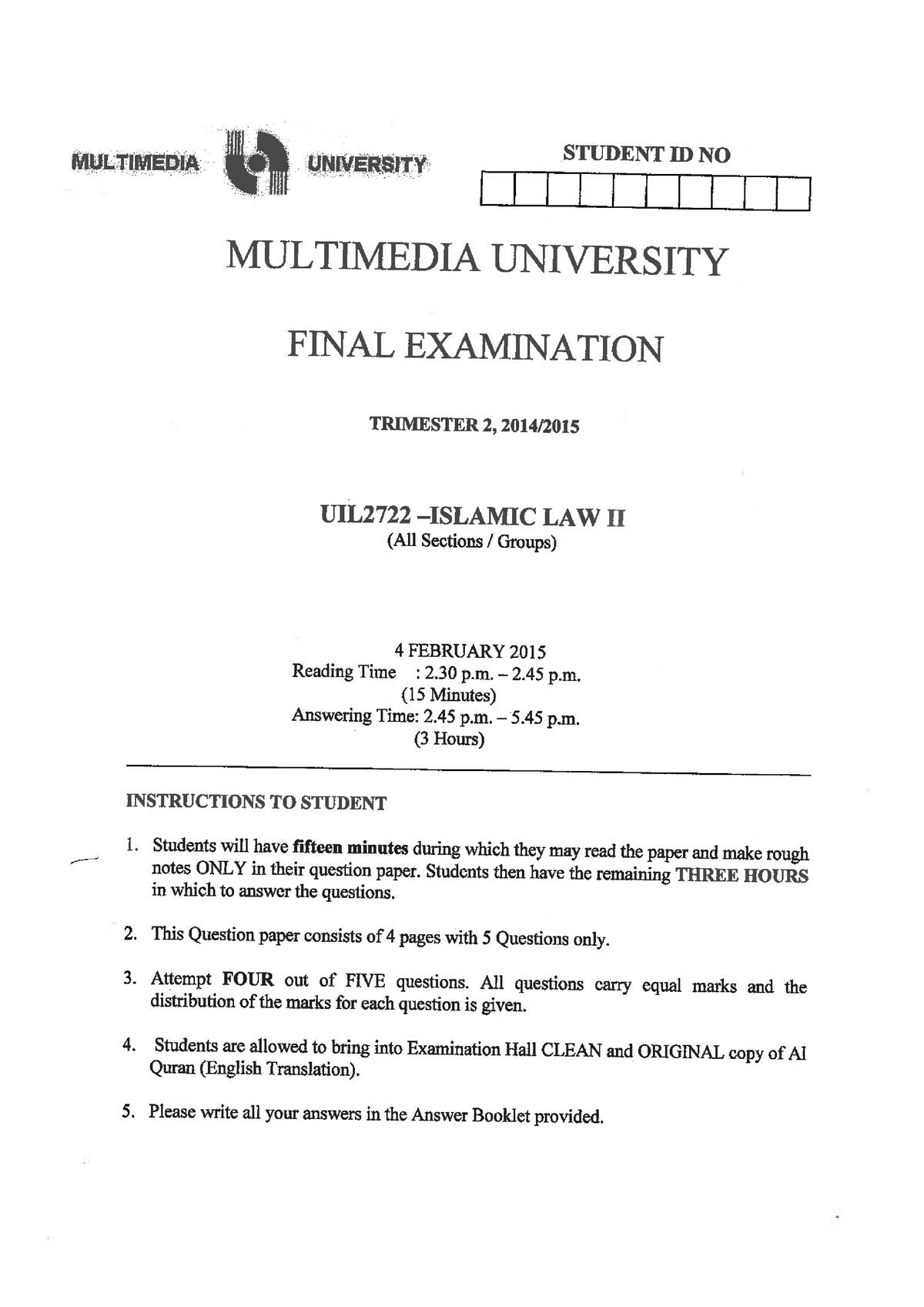 Past Year Questions - Islamic Law - MMU - Studocu