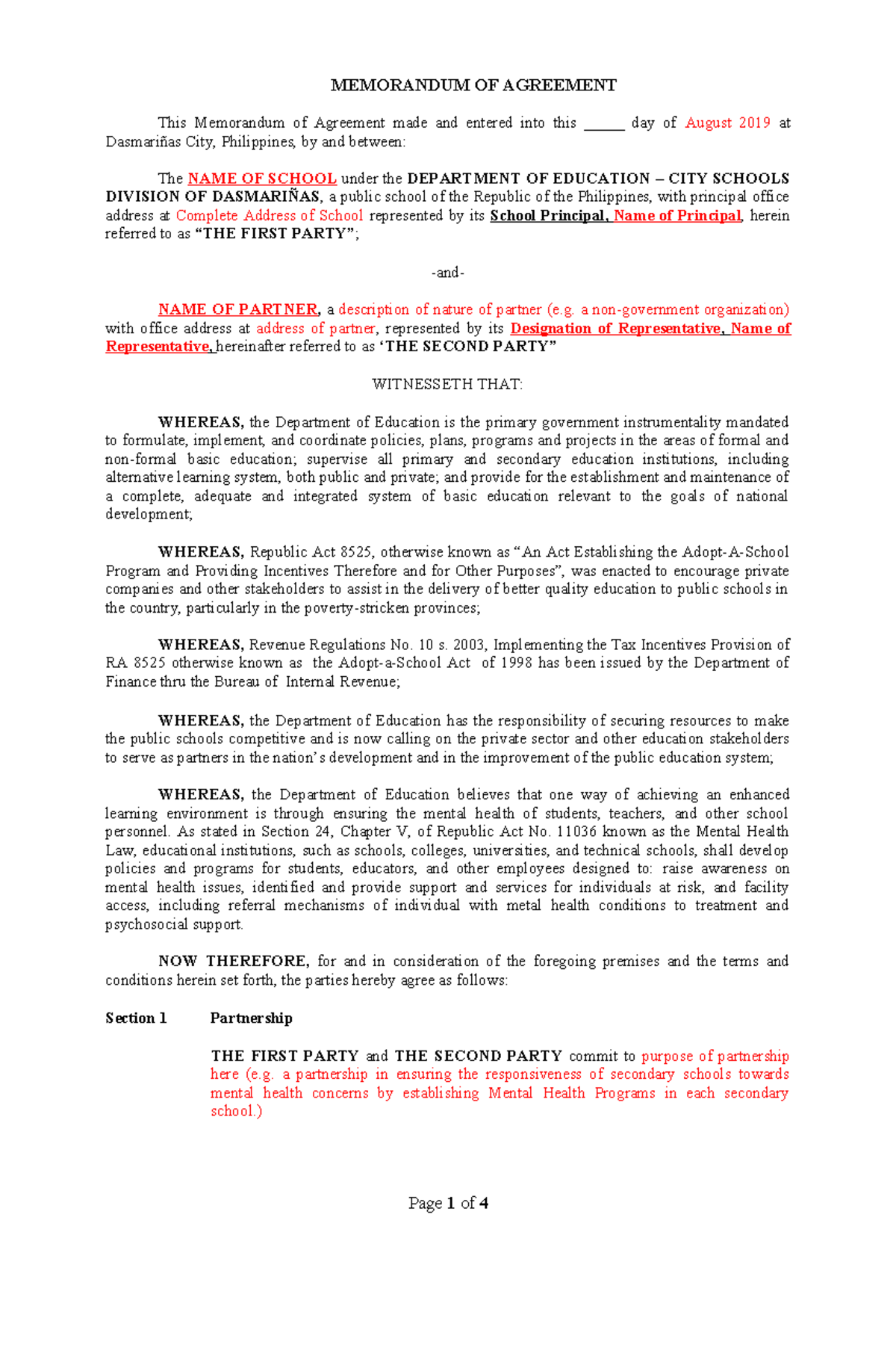 MOA Template - MEMORANDUM OF AGREEMENT This Memorandum of Agreement ...