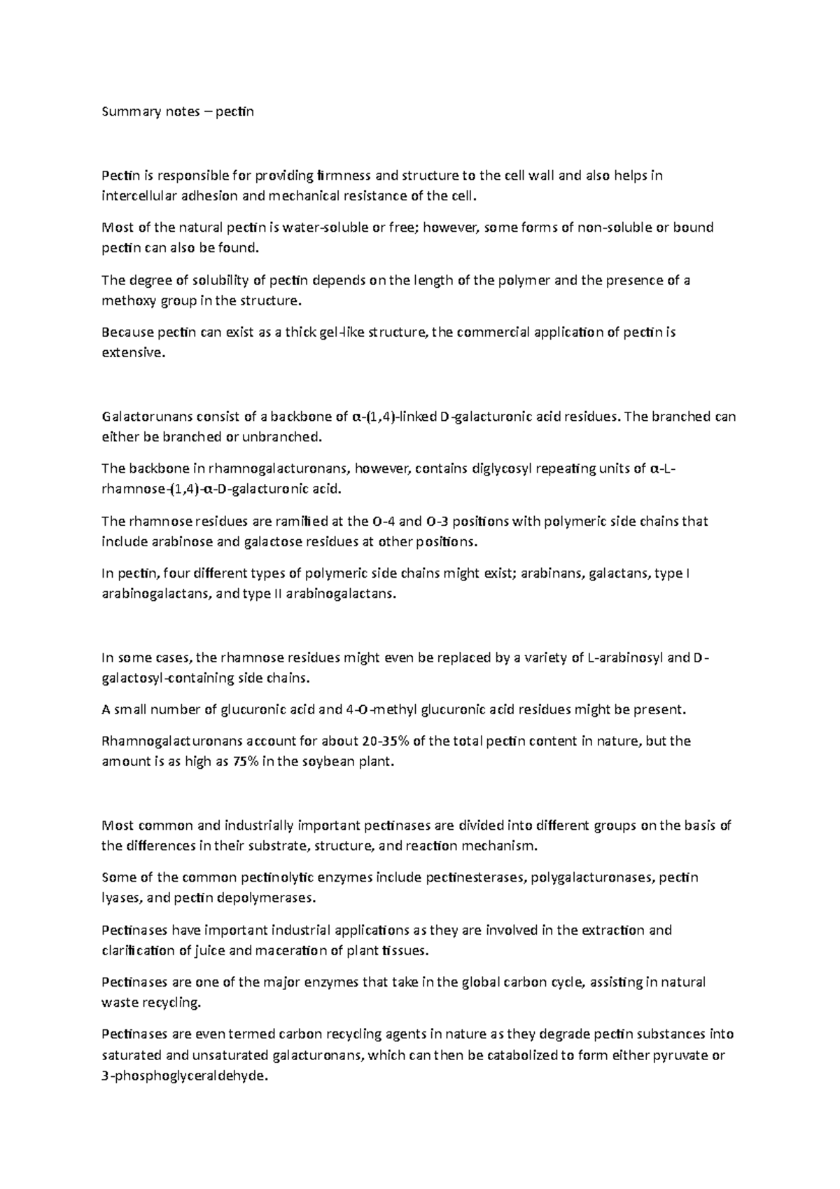 Summary notes pectin Summary notes pectin Pectin is responsible