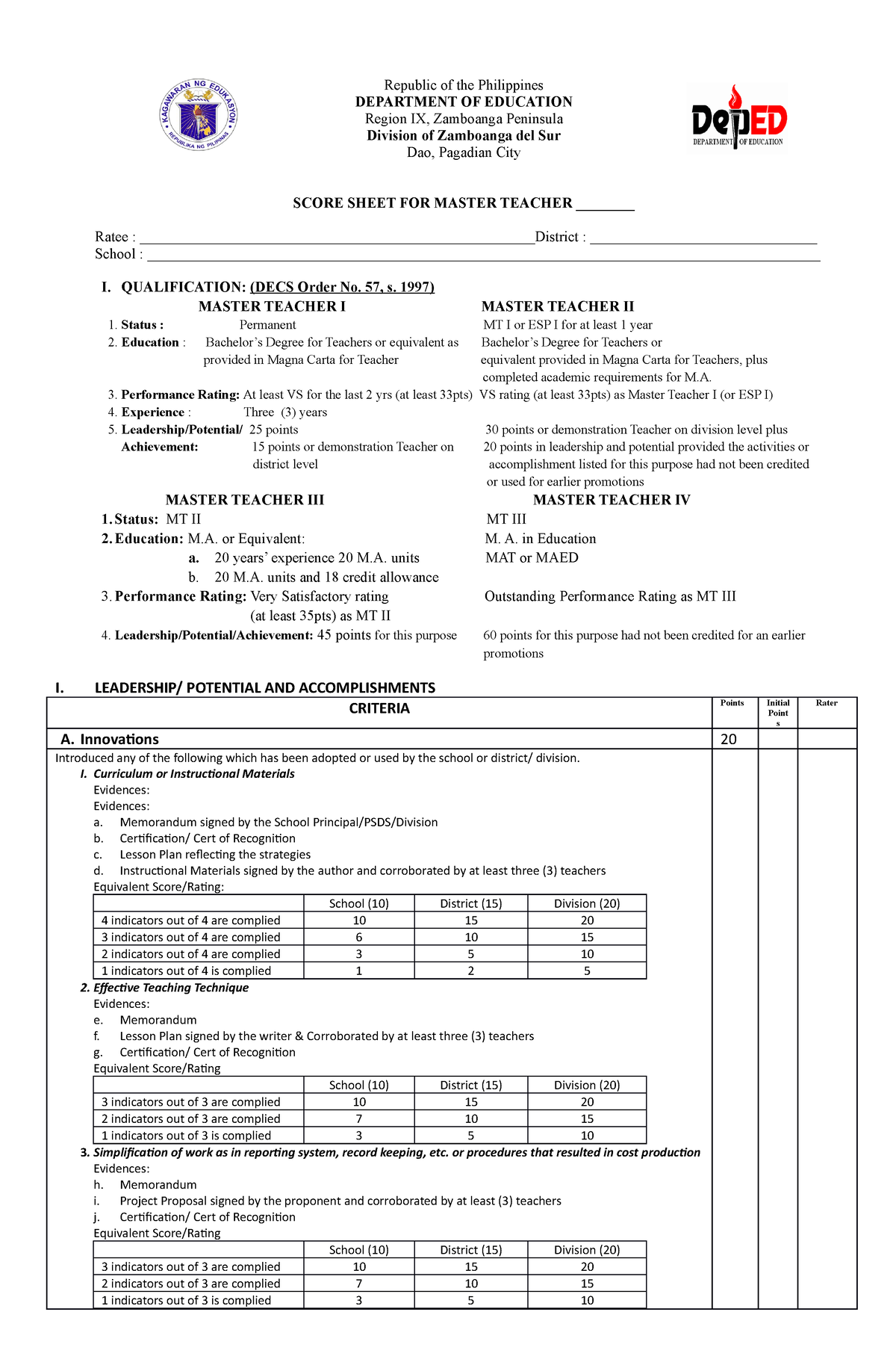 MT Score Sheets 2021 1 Republic Of The Philippines DEPARTMENT OF 
