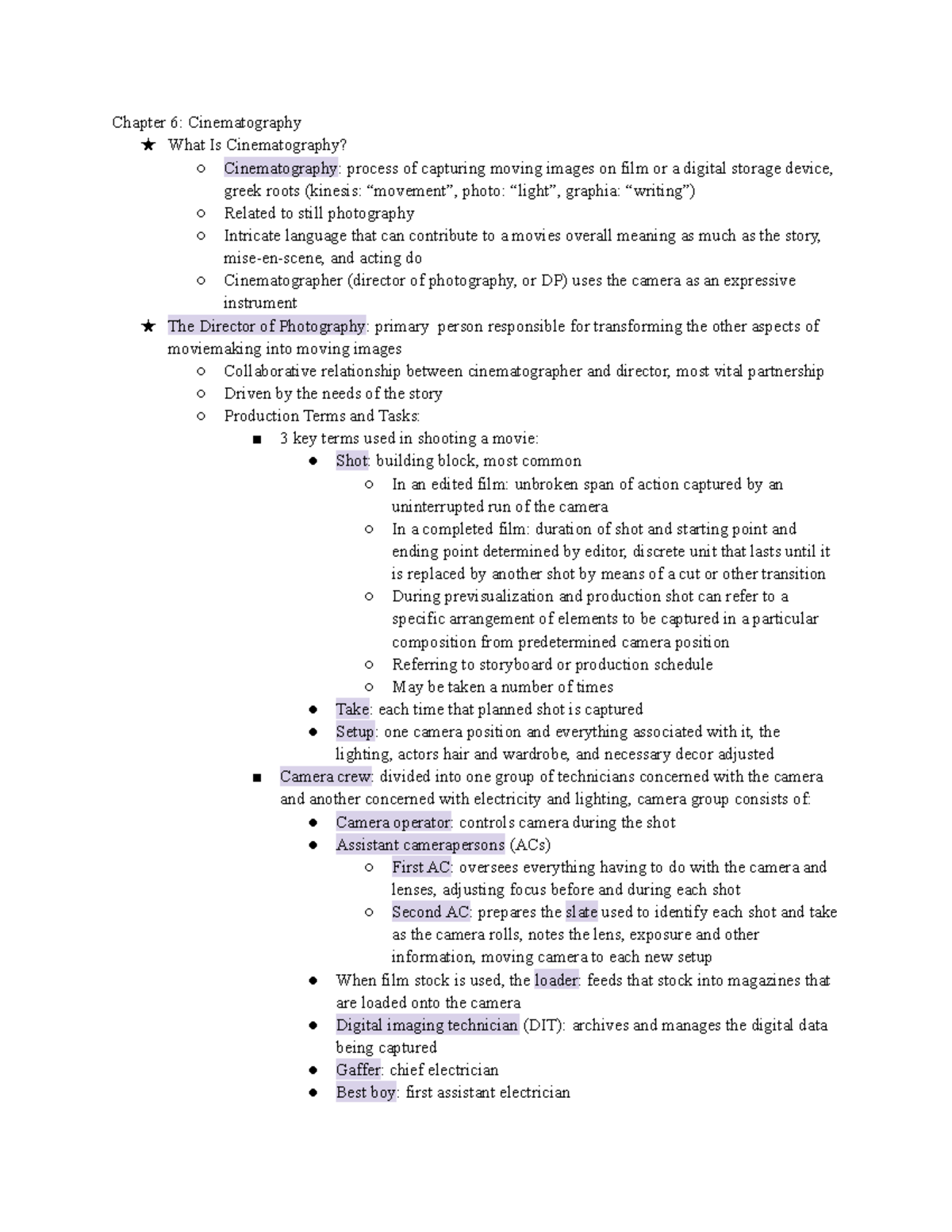 Chapter 6 Cinematography notes Chapter 6 Cinematography ★ What Is