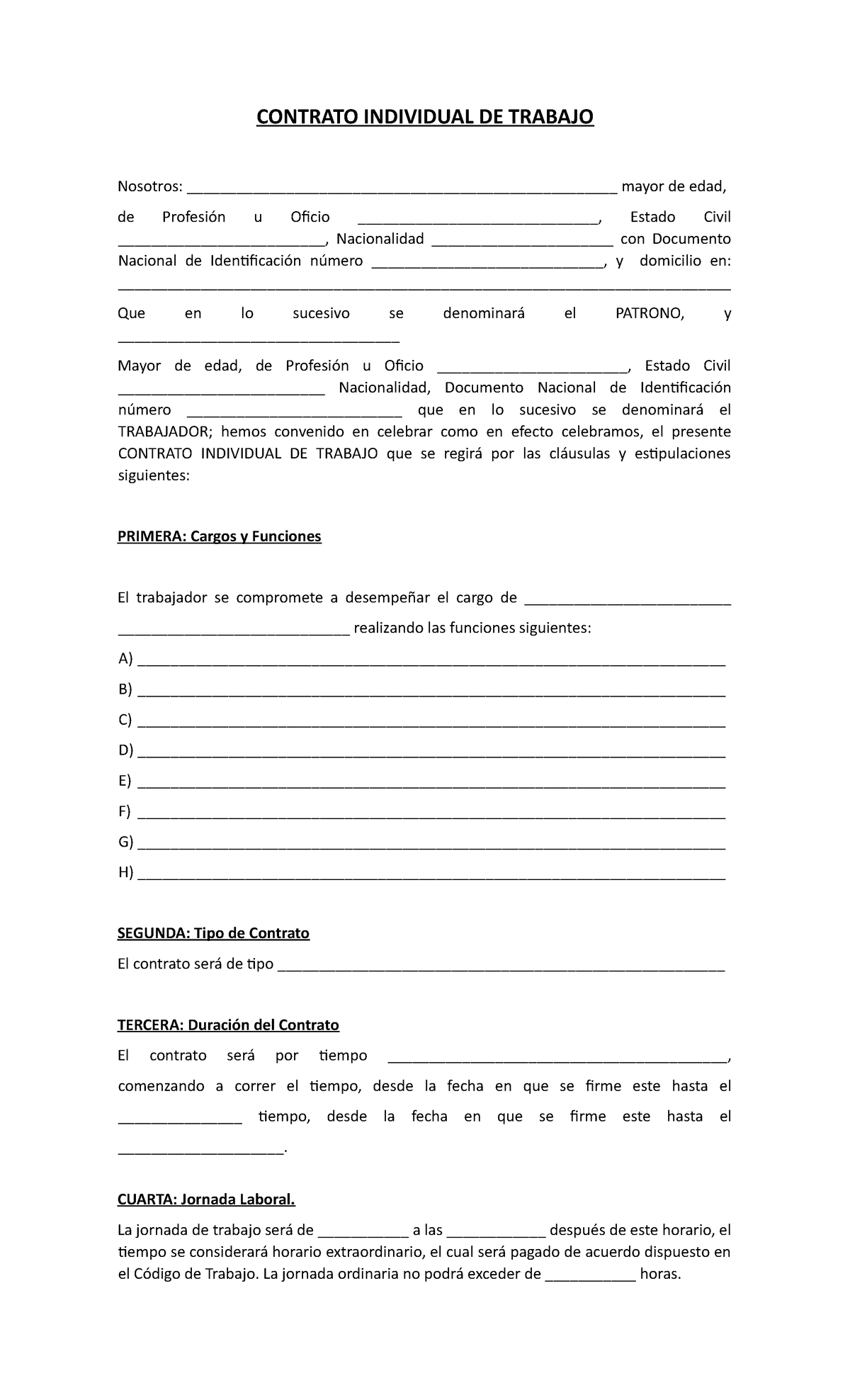 Formato Contrato Individual de Trabajo - CONTRATO INDIVIDUAL DE TRABAJO ...