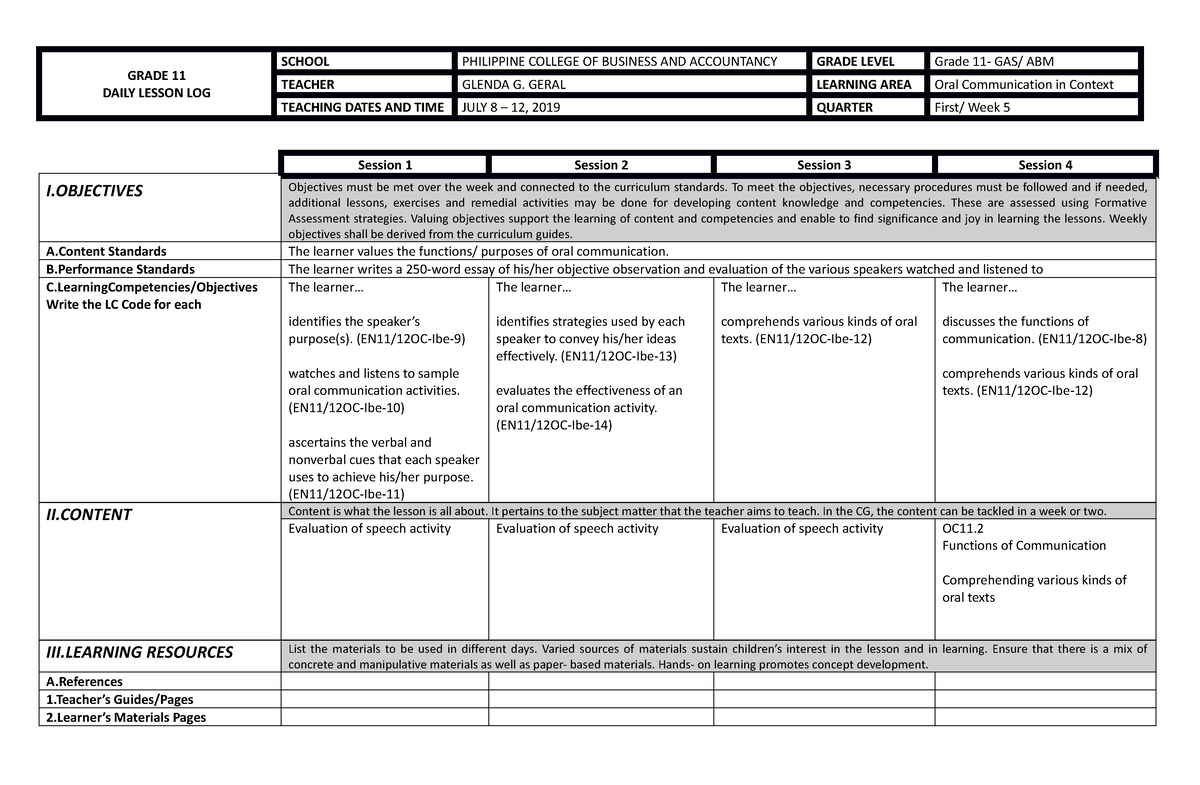 414857436 OC DLL grade 11 W5 - GRADE 11 DAILY LESSON LOG SCHOOL ...