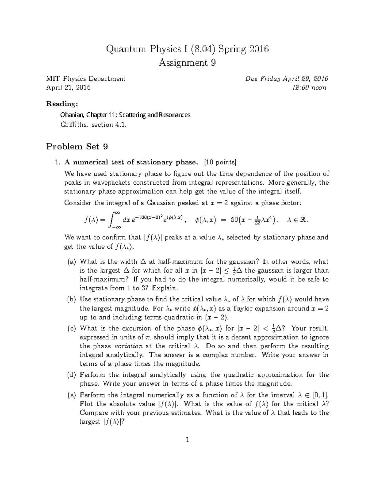 MIT8 04S16 Ps9 2016 - Quantum Physics I (8) Spring 2016 Assignment 9 ...