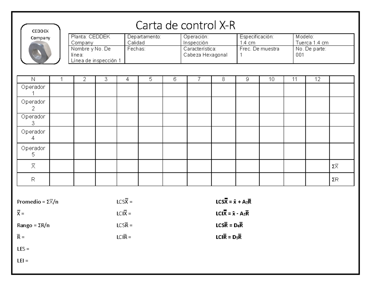 Carta De Control Xr Y P Carta De Control X R N 1 2 3 4 5 6 7 8 9 10 11 12 Operador 1 Operador 9308