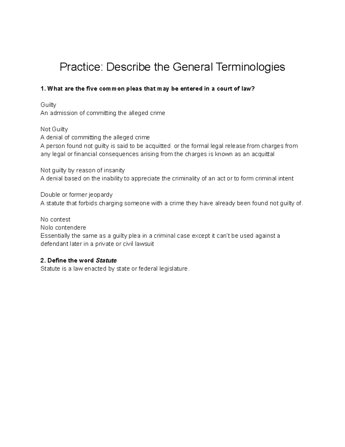 Exercise Practice Legal Terminology Practice Describe The General