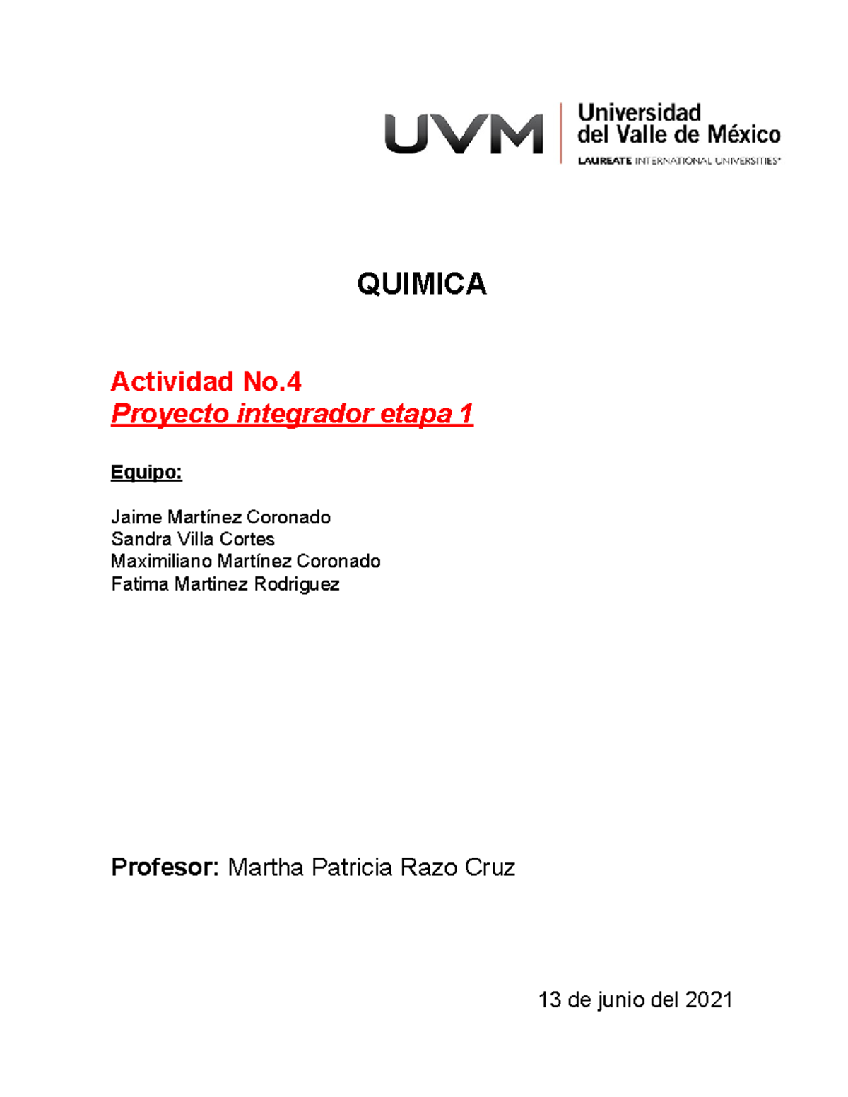 actividad 4 de quimica universidad del valle de mexico QUIMICA