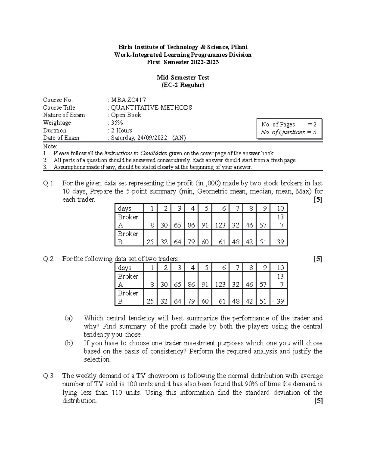 MBA ZC417 EC-2R First SEM 2022-2023 Revised Paper - Birla Institute Of ...