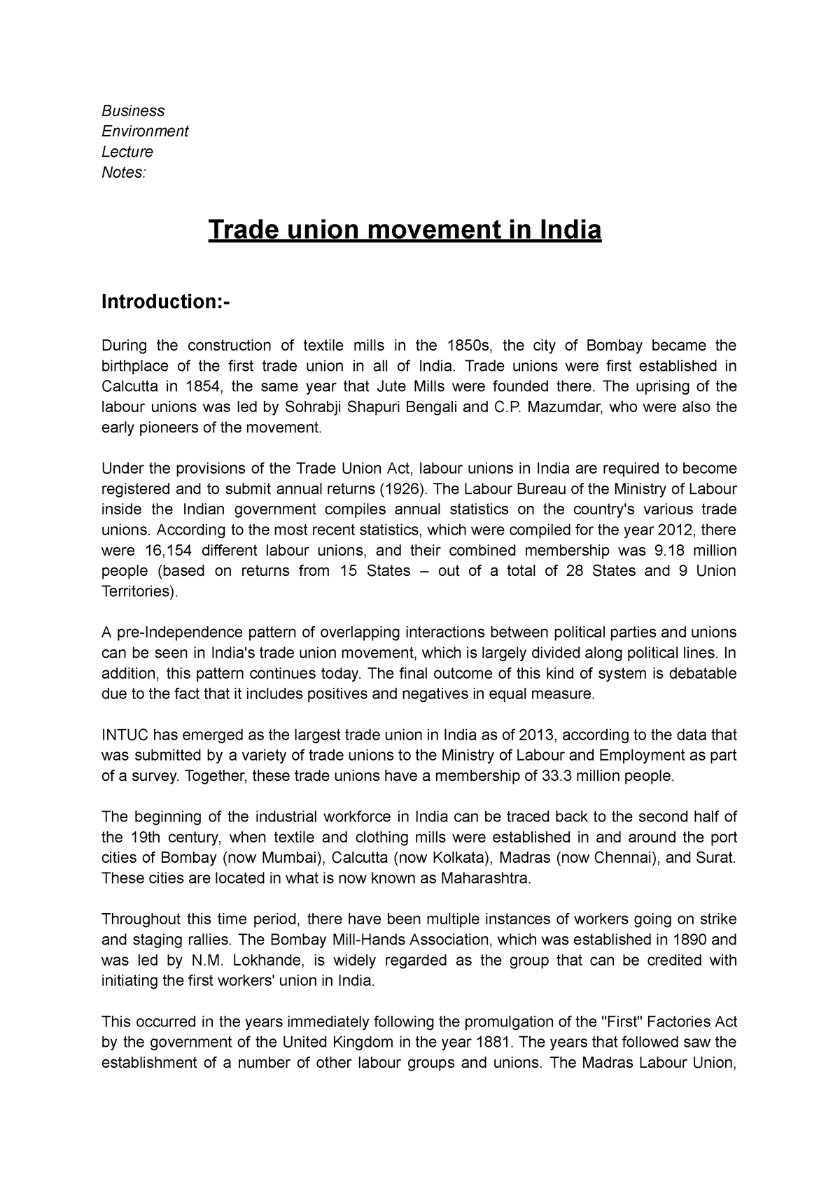 list of case study on trade union in india