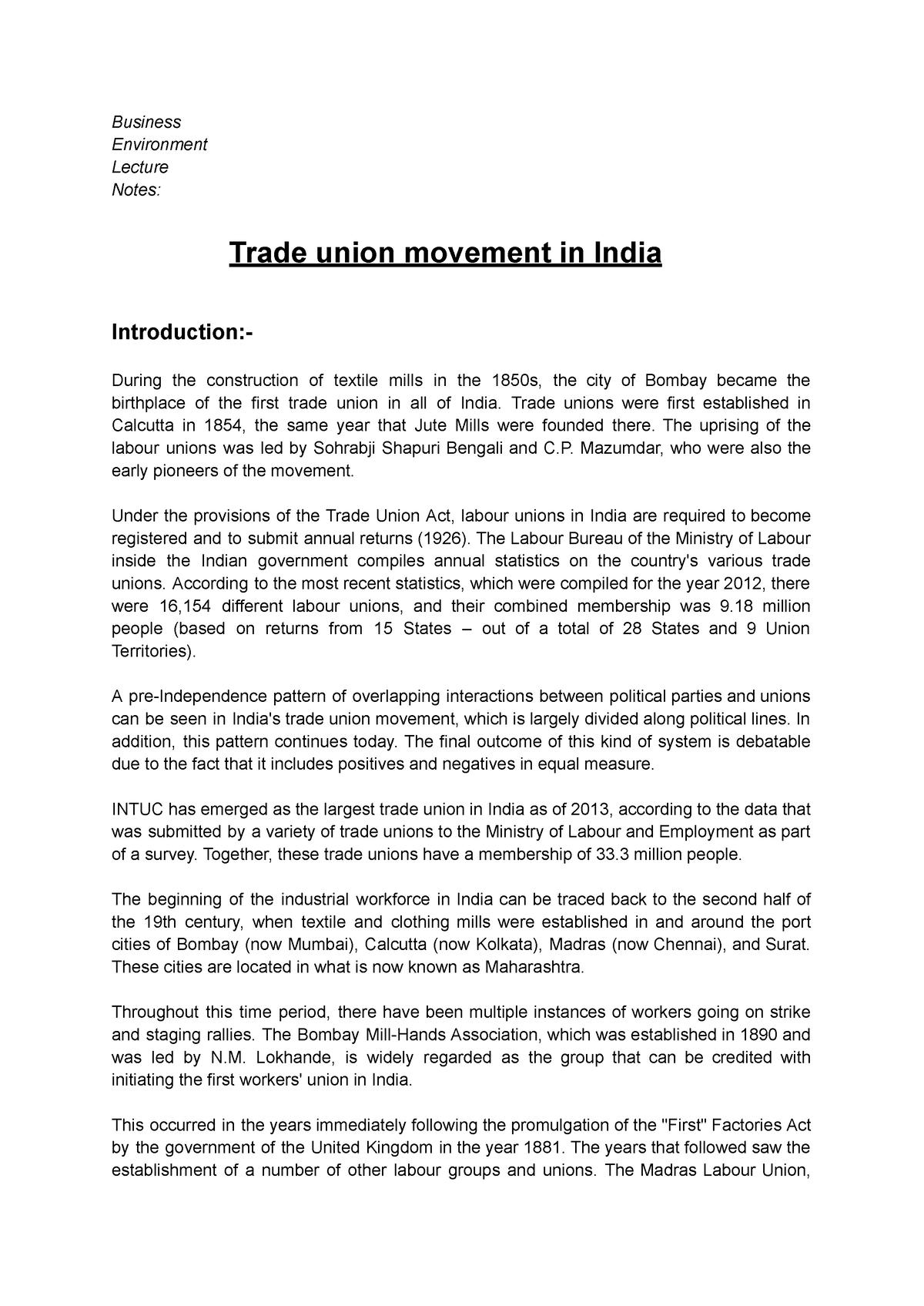 case study on trade union in india