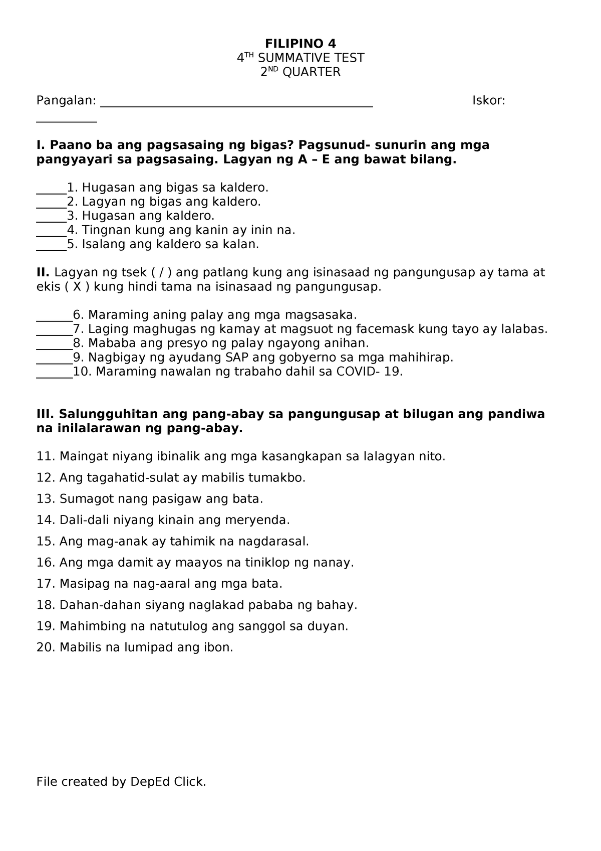 FIL4 ST4 Q2 - Filipino 4 Summative Test 4 Quarter 2 - FILIPINO 4 4 TH ...