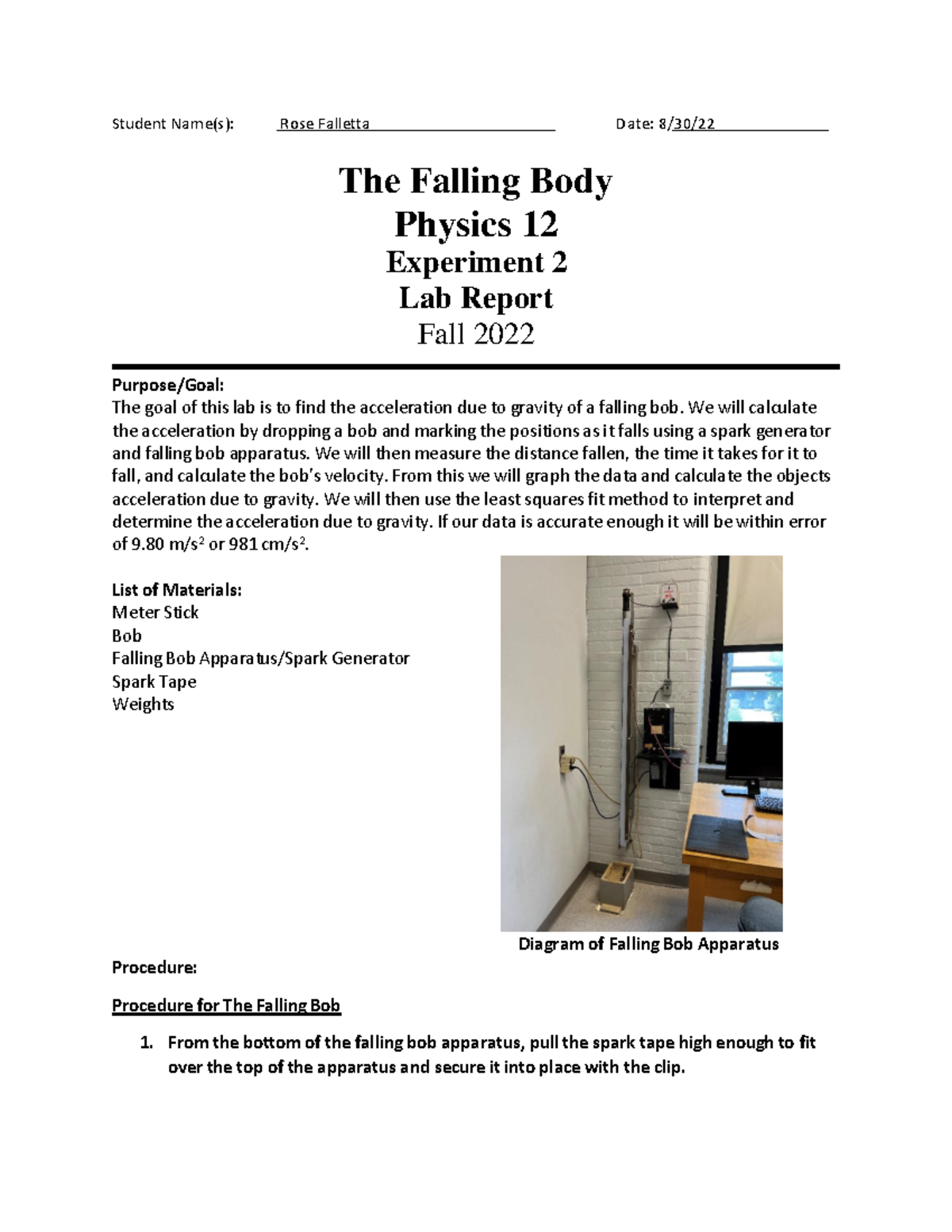 Rose Falletta - PHY 012-79 Experiment #2 - Student Name(s): Rose ...