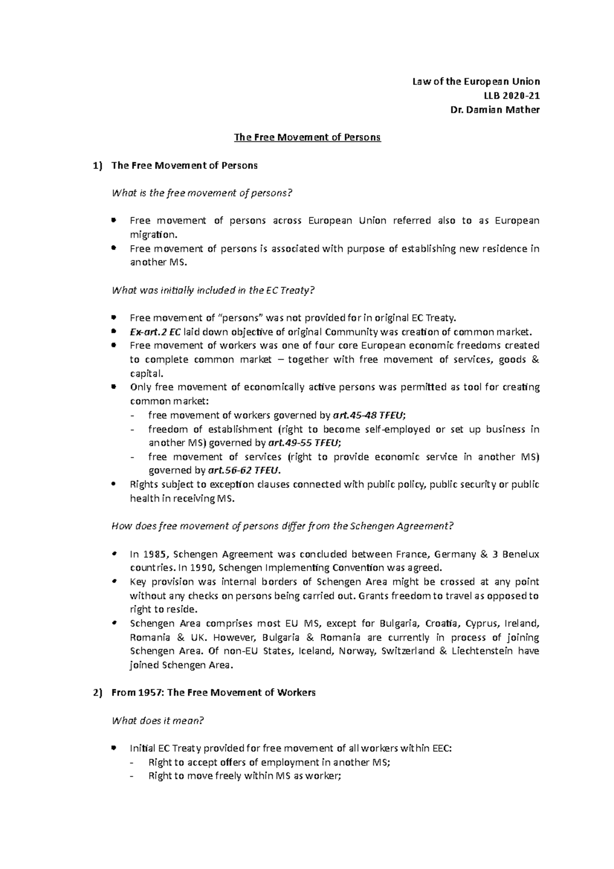 Free Movement of Persons - Law of the European Union LLB 2020- Dr ...