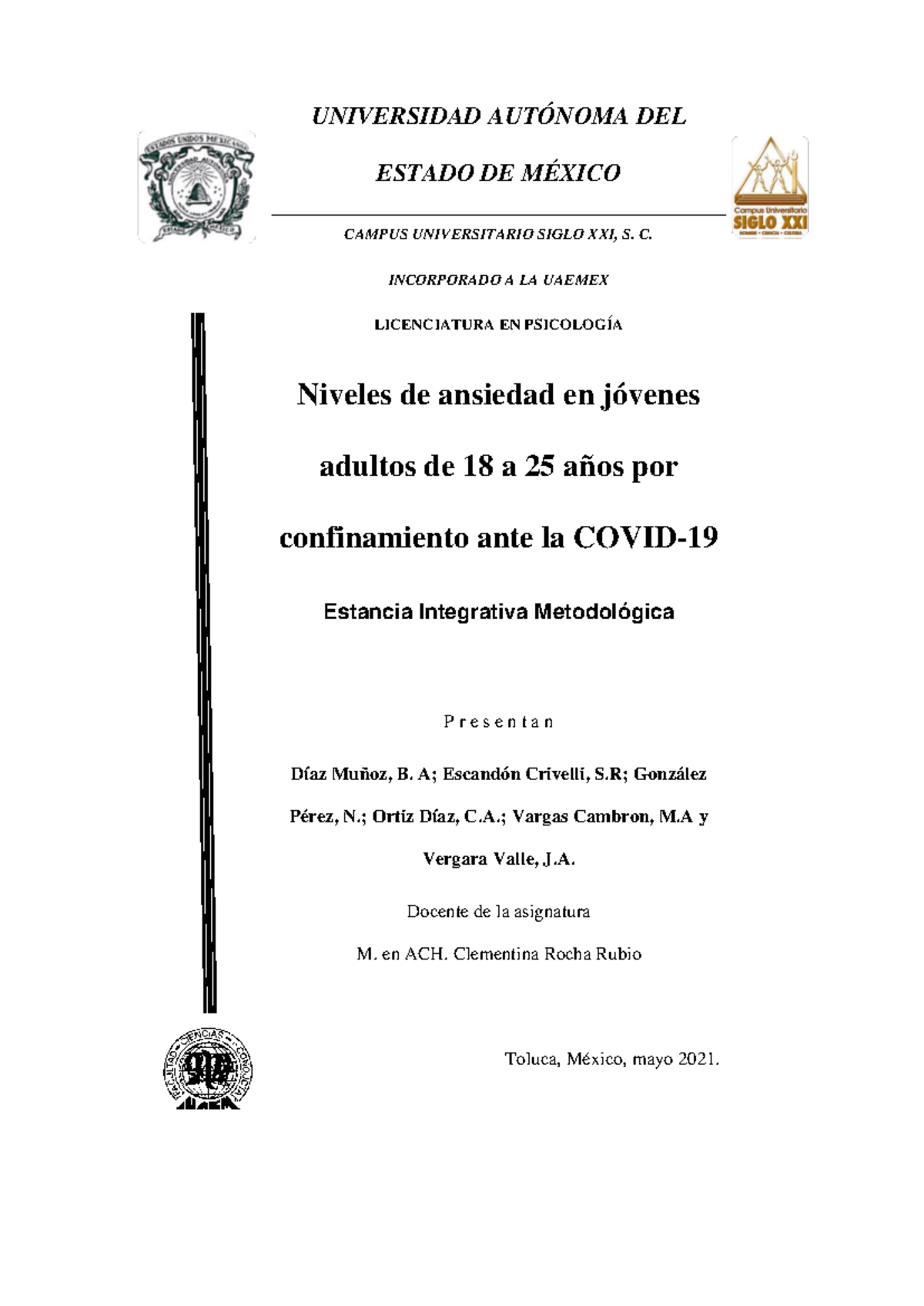 Niveles de ansiedad en jóvenes adultos de 18 a 25 años por ...