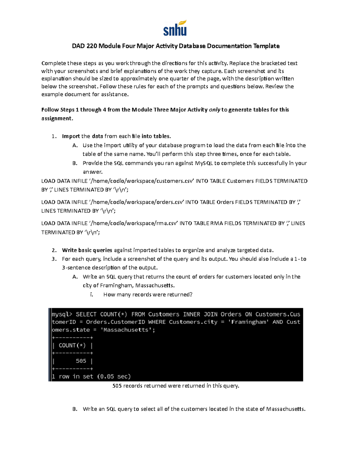 DAD 220 Module Four Major Activity Database Documentation - Replace the ...