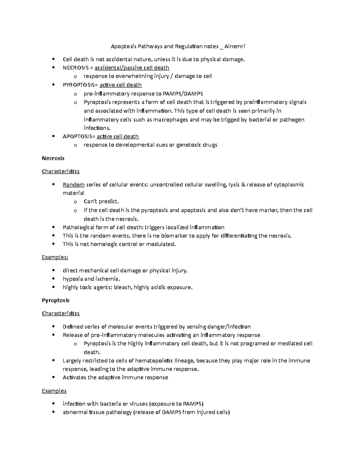 Apoptosis Pathways and Regulation notes - NECROSIS = accidental/passive ...