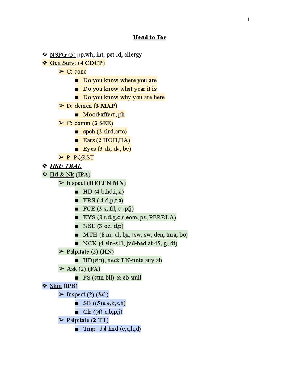 Head to Toe head to toe guide 1 Head to Toe NSPG (5) pp,wh, int, pat id, allergy Gen Surv