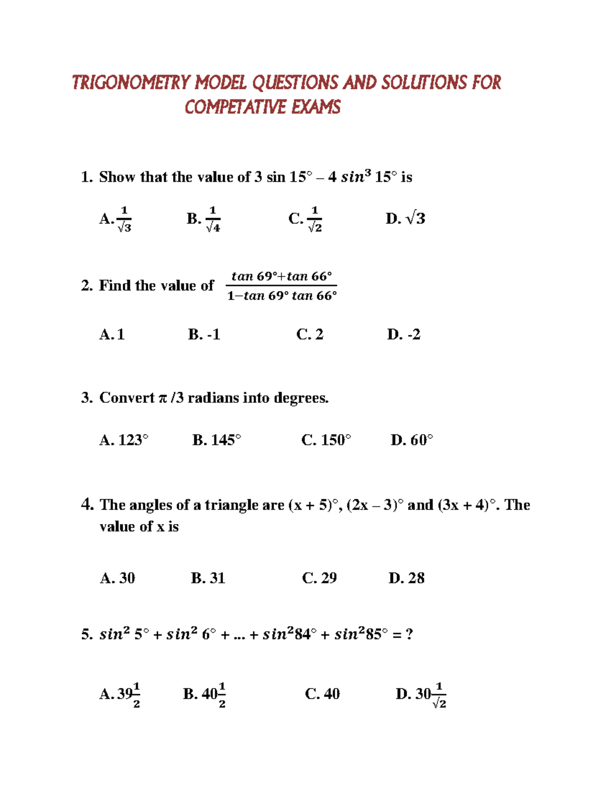 Model questions - TRIGONOMETRY MODEL QUESTIONS AND SOLUTIONS FOR ...