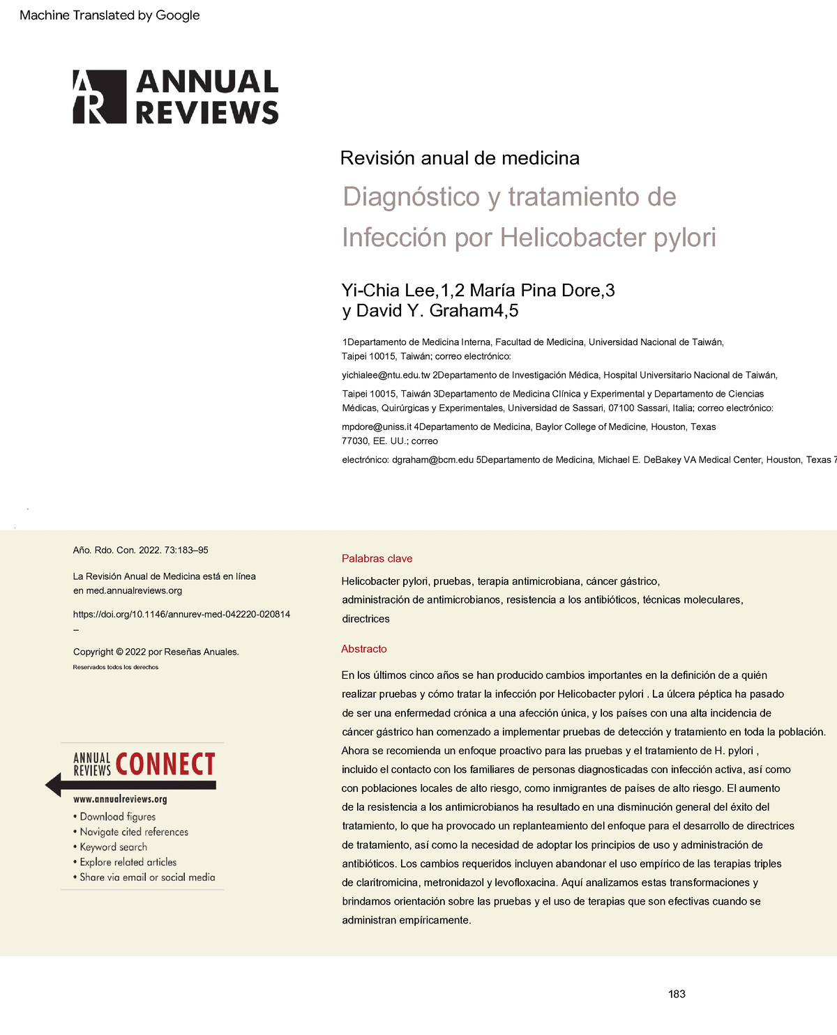 Diagnosis and treatment of helicobacter pylori infection - Yi Chia Lee,1,2  María Pina Dore, y David - Studocu