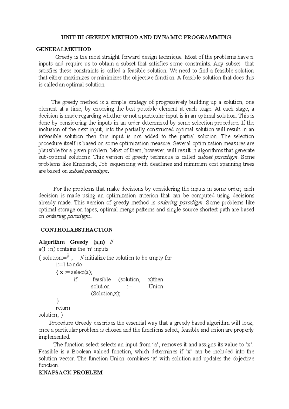 3.UNIT 3 - UNIT 3 - UNIT-III GREEDY METHOD AND DYNAMIC PROGRAMMING ...