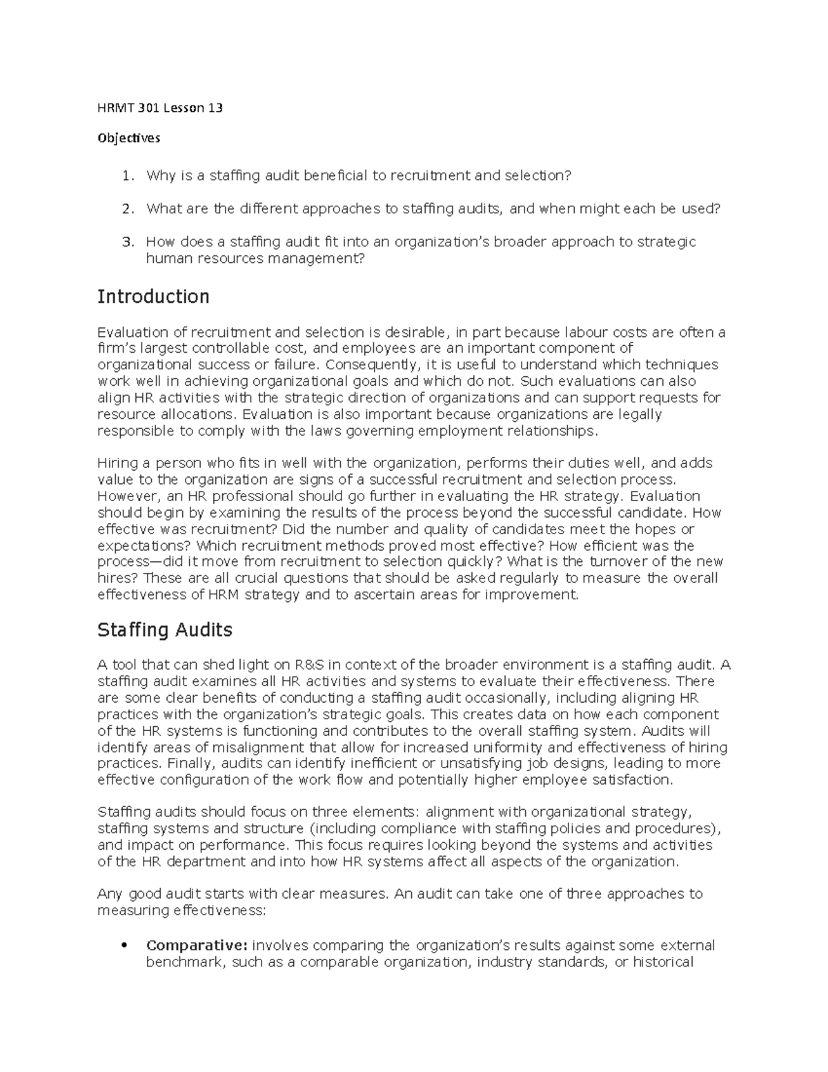 HRMT 301 Lesson 13 - Notes - HRMT 301 Lesson 13 Objectives Why is a ...