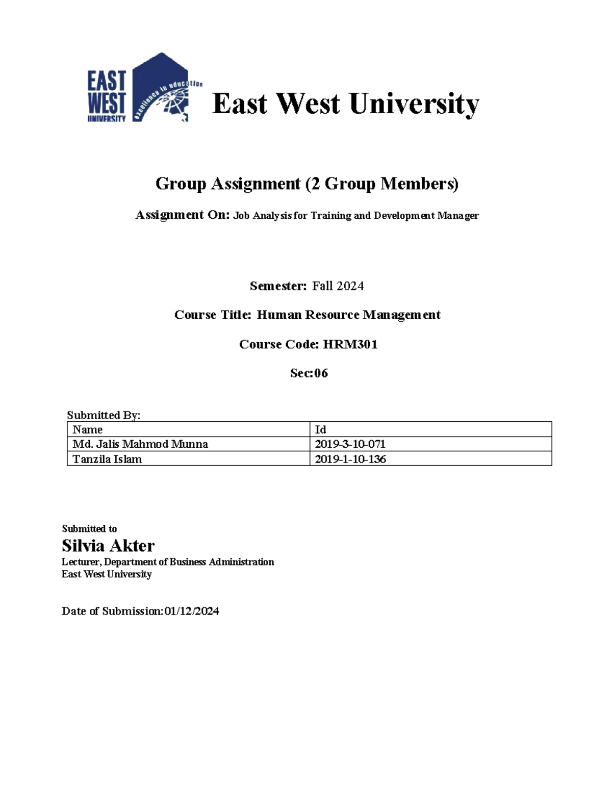 Job Analysis - Hrm301 assigment - East West University Group Assignment ...