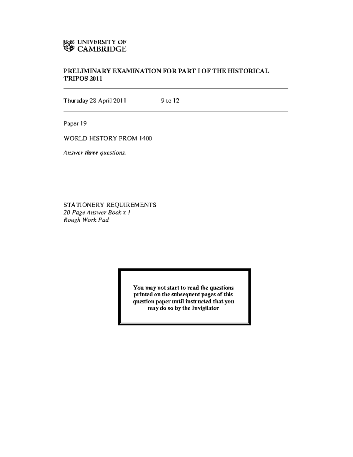 Prelim Paper 23 Exam 2011 - PRELIMINARY EXAMINATION FOR PART I OF THE ...