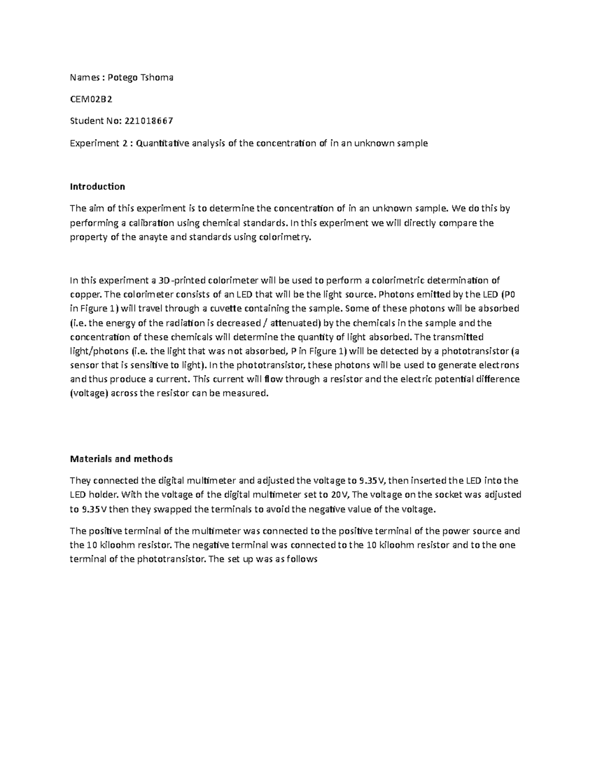 221018667 experiment 2 anlytical chemistry - Names : Potego Tshoma ...