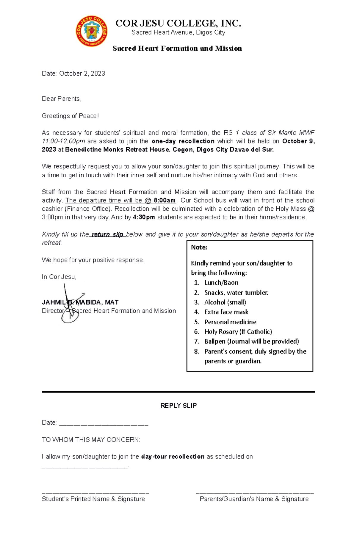 Students Recollection consent 2023 Sir Manto - Date: October 2, 2023 ...