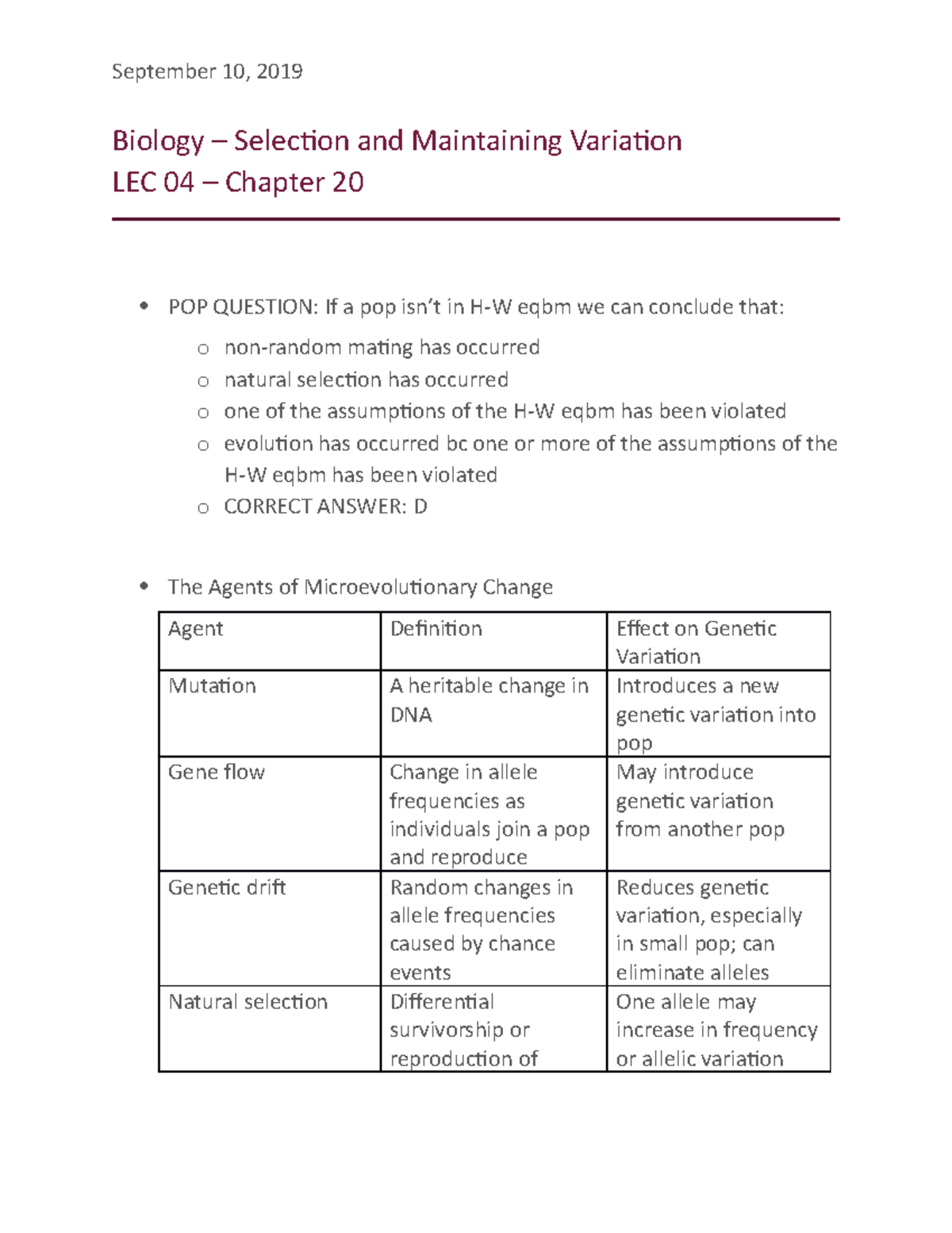 Biology - Lec 04 - lec note - September 10, 2019 Biology – Selection ...